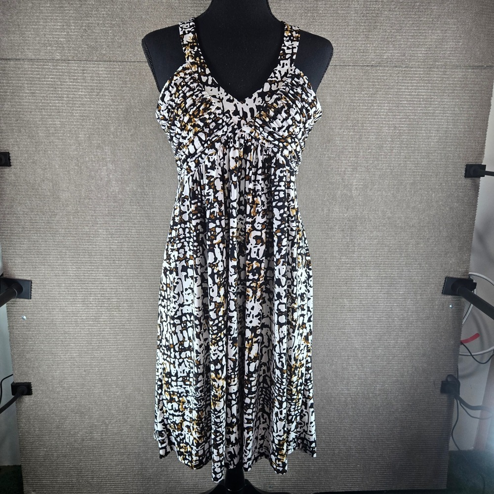 Calvin Klein Womens 10 Black White Tan Abstract Animal Print Empire Waist Dress